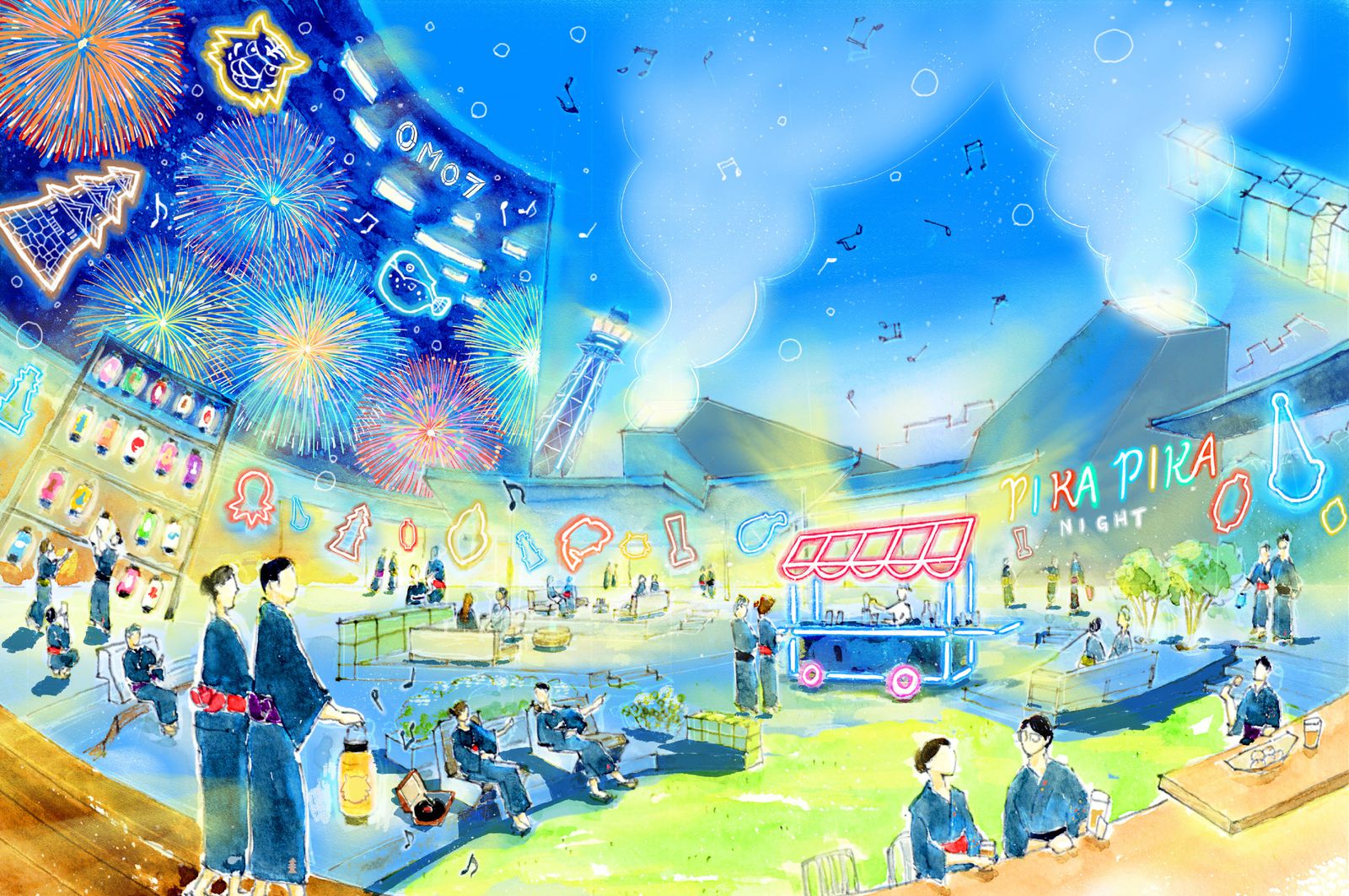 ネオンアートを眺めながら浴衣でそぞろ歩き。「OMO7 大阪 by 星野